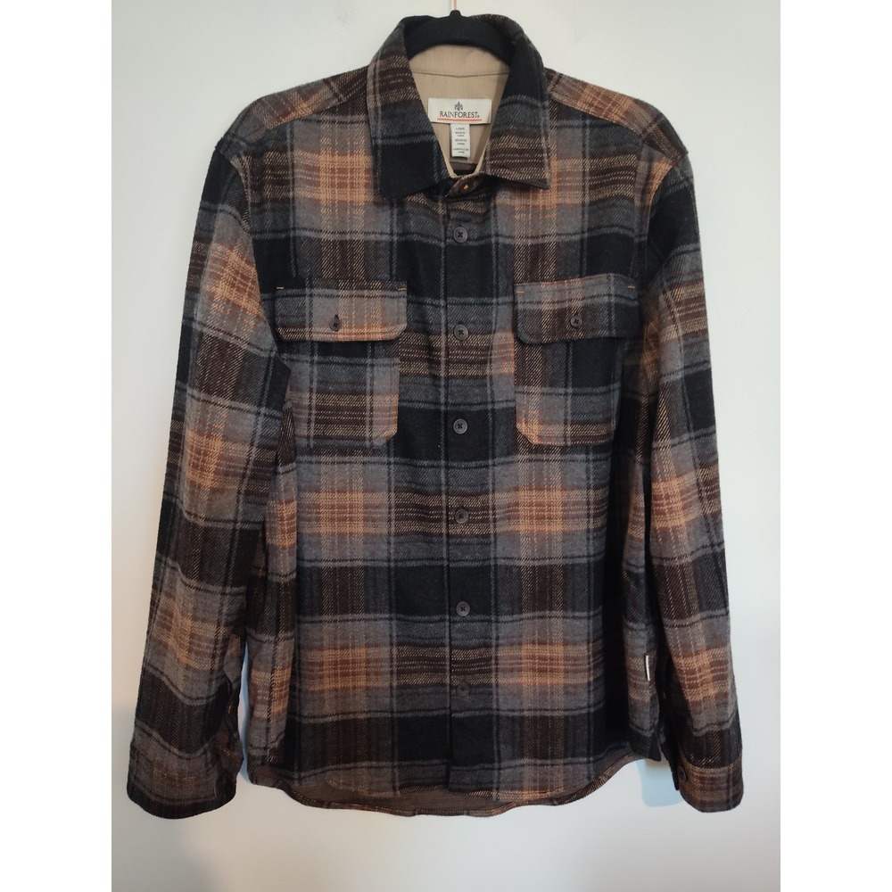Rainforest Mens Plaid Button Down Shirt Brown Black Grey Large NWT